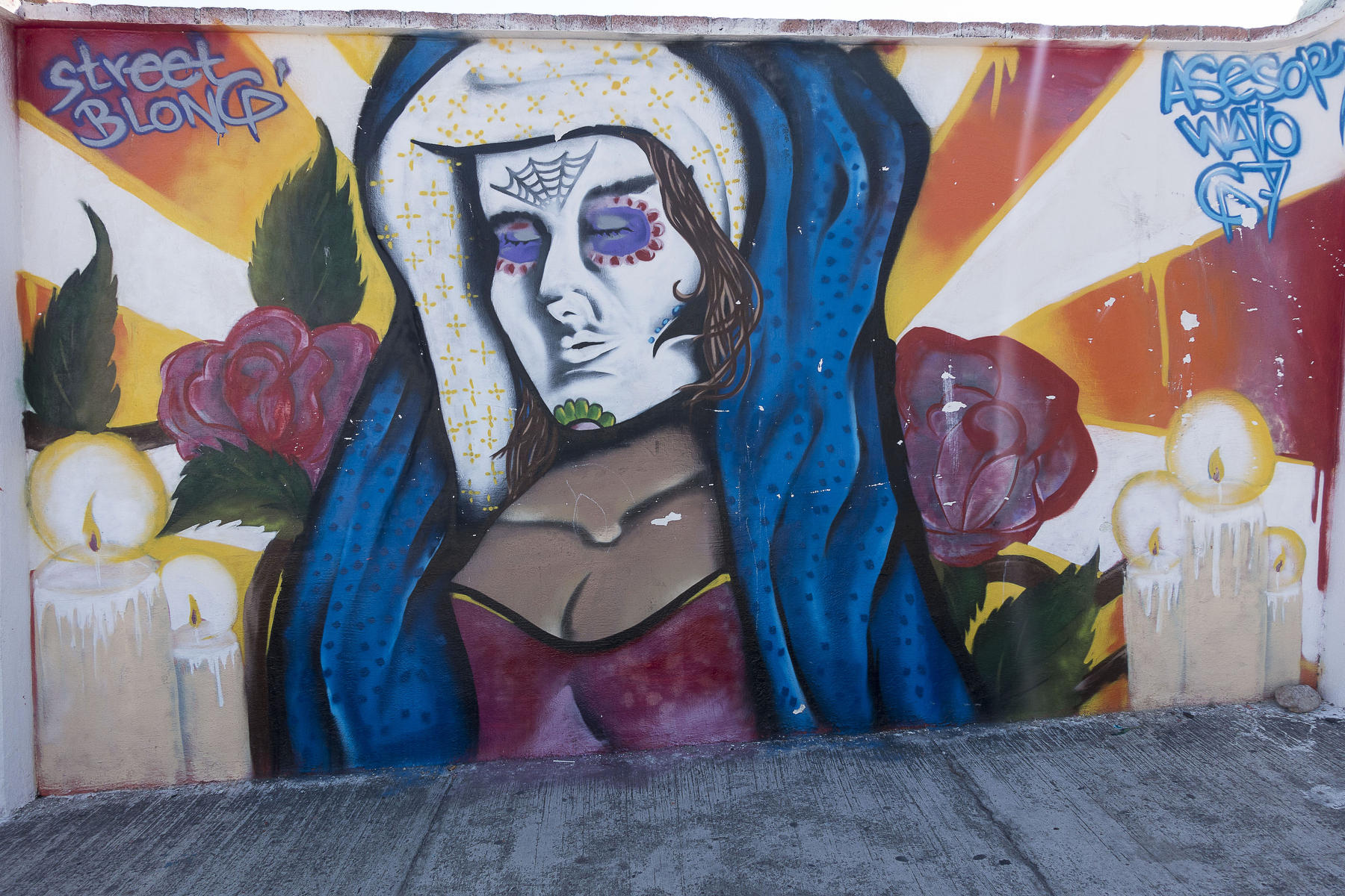Portrait of a woman,  CATRINA ? painted by Street Blong on the wall of the cemetery : PUERTO VALLARTA - Wall Art & Bicycle Tour : Viviane Moos |  Documentary Photographer