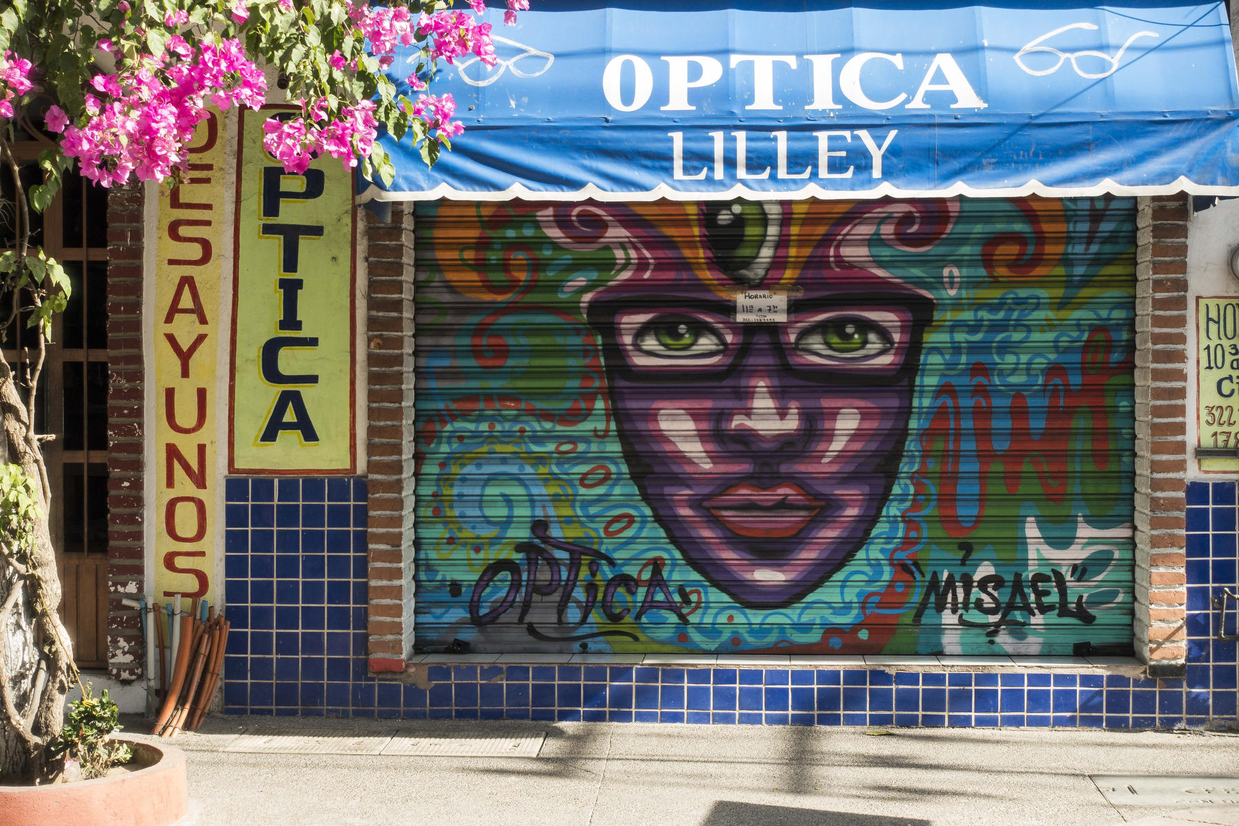 A face wearing glasses decorates the shutters of an optical store in Old Town. : PUERTO VALLARTA - Wall Art & Bicycle Tour : Viviane Moos |  Documentary Photographer