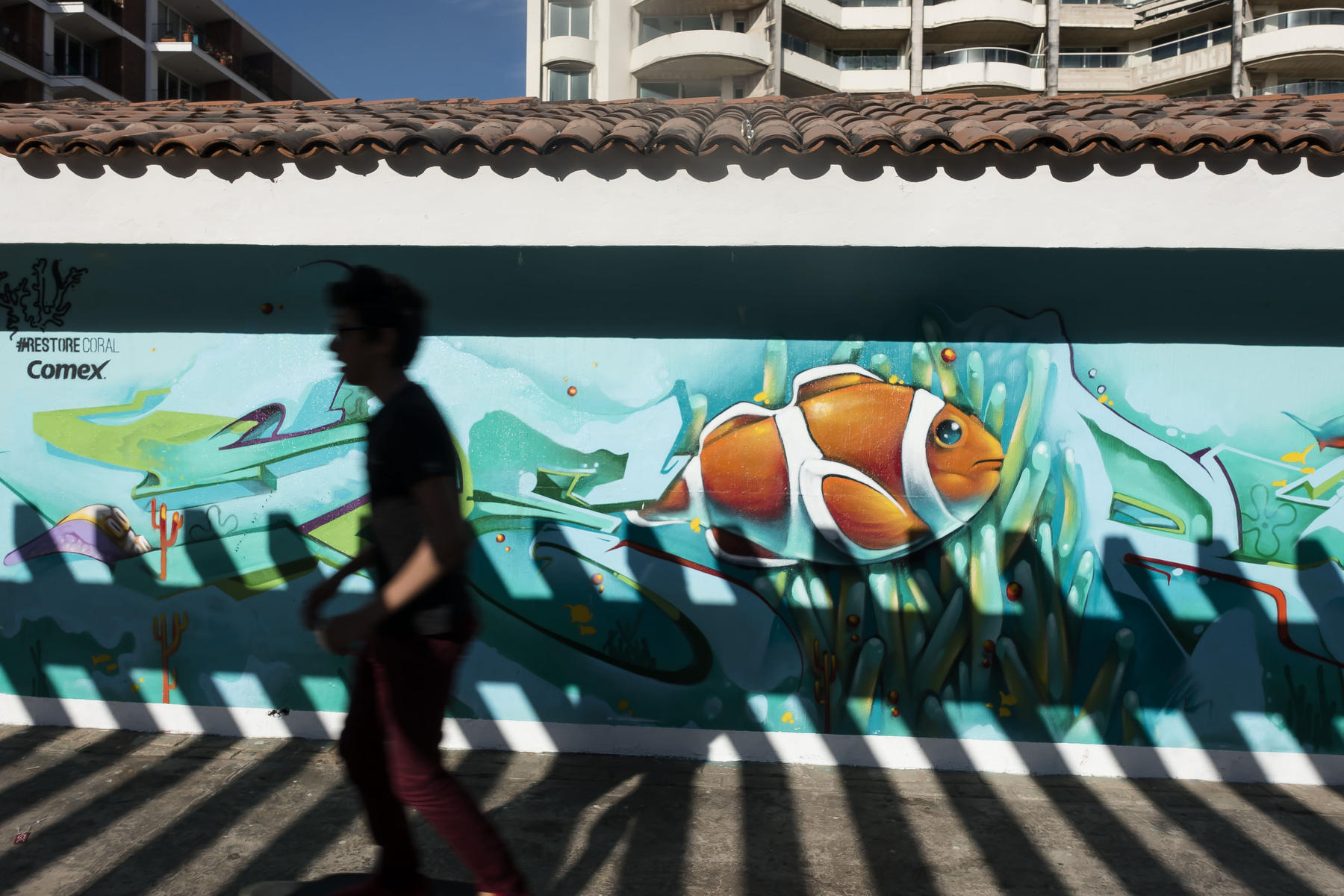 A skate boarder passes by the shadow of a fence on an underwater mural, painted as part of a Save the Reef project sponsored by a paint manufacturer : PUERTO VALLARTA - Wall Art & Bicycle Tour : Viviane Moos |  Documentary Photographer