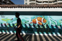 A skate boarder passes by the shadow of a fence on an underwater mural, painted as part of a Save the Reef project sponsored by a paint manufacturer - © Viviane Moos